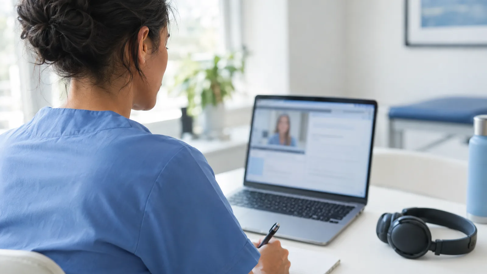 A physical therapist reviews a draft clinical note on a laptop after a video visit