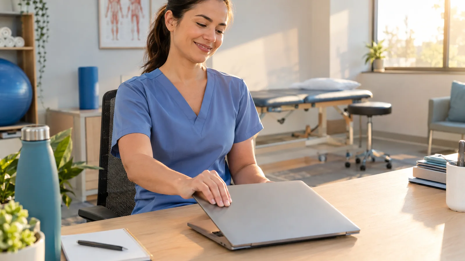 A physical therapist closes a laptop at the end of the day in a sunlit clinic office