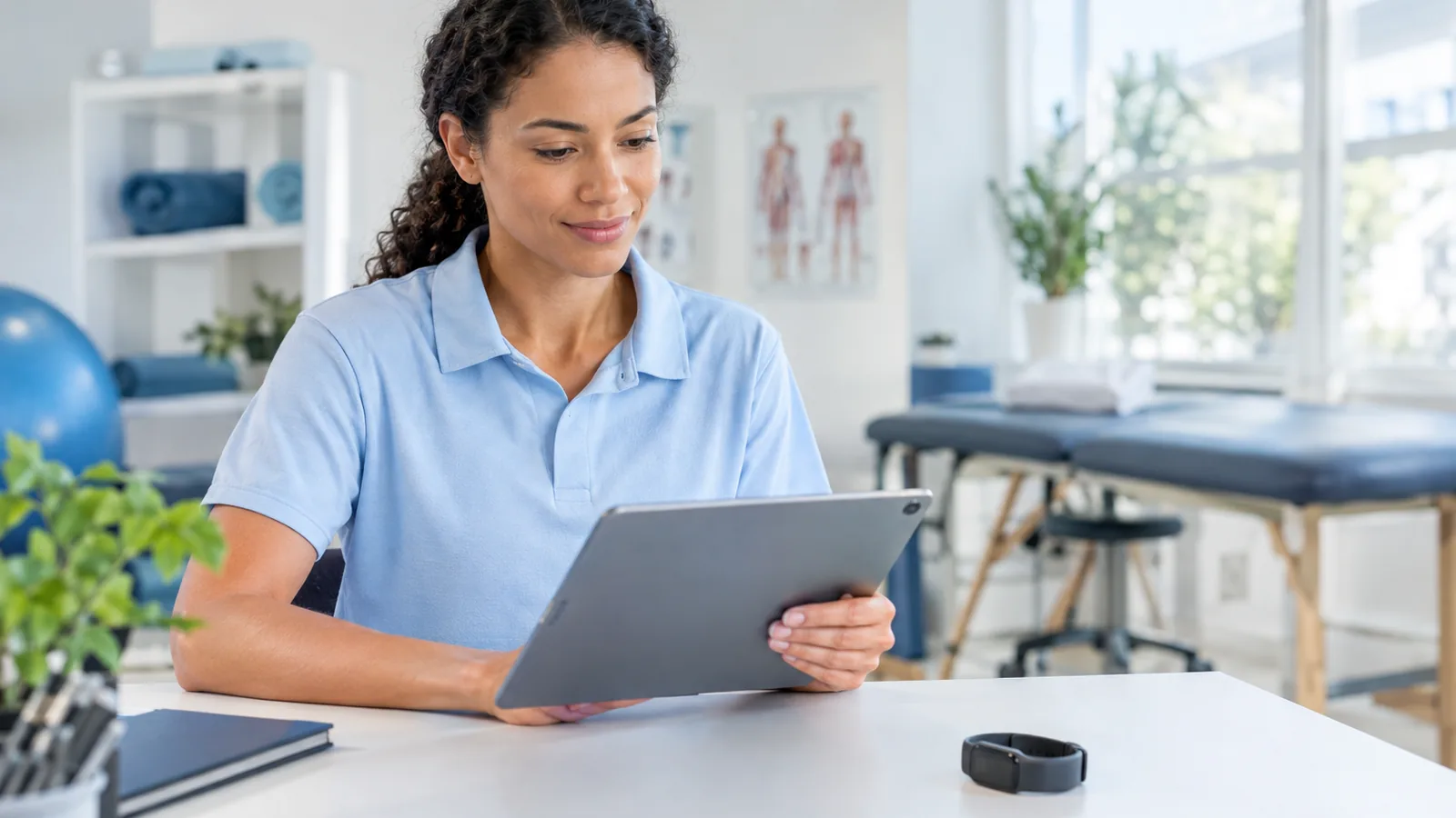 A physical therapist checks a tablet in a bright clinic with a wearable sensor on the desk