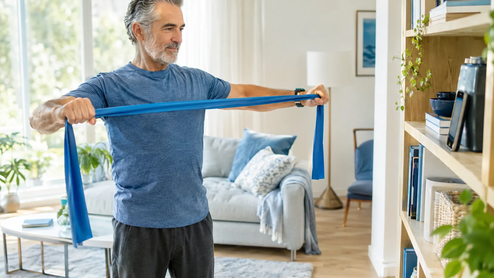An older man follows a shoulder exercise on his phone in a sunny living room