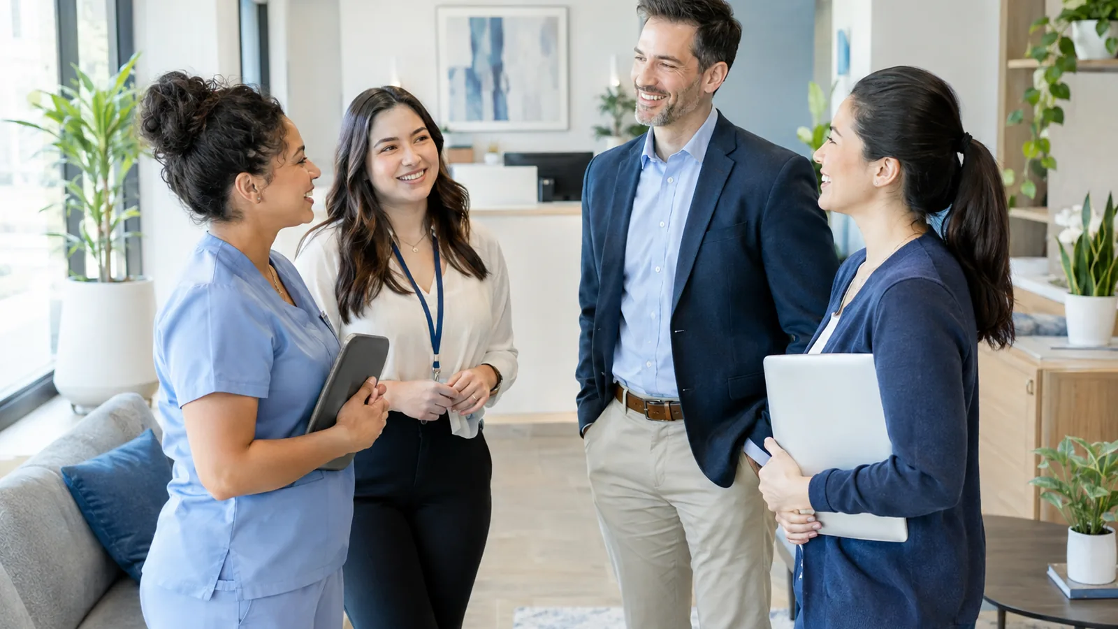 A therapy clinic team talks together in a bright, modern clinic lobby