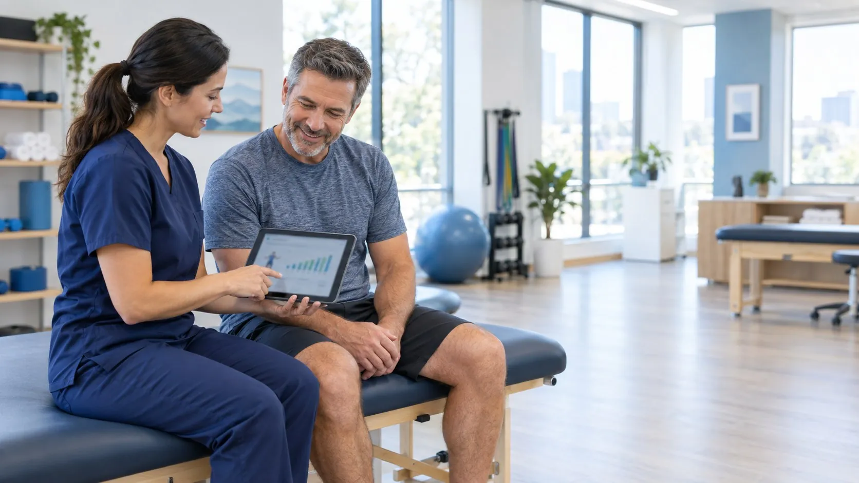 A physical therapist reviews a patient's progress chart with him on a tablet