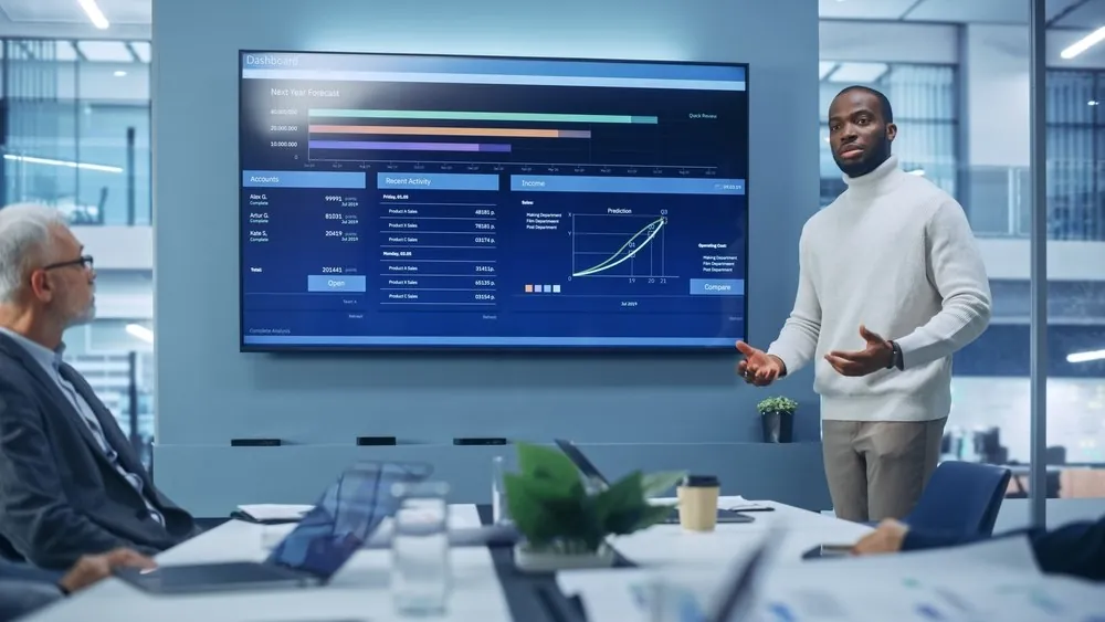 A TheraPro specialist walks a clinic team through their analytics dashboard