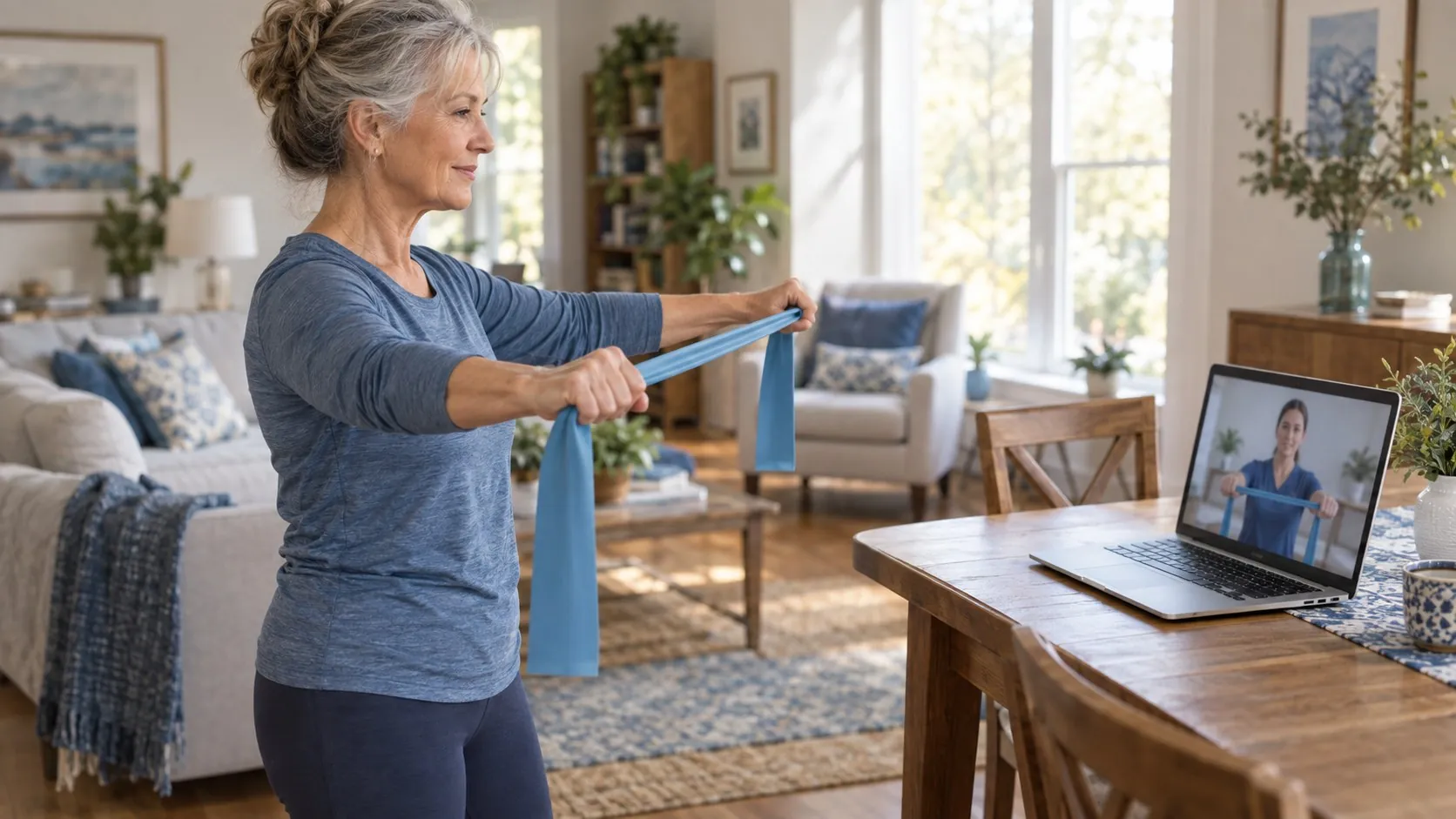 An older woman follows her physical therapist on a video visit while doing a resistance band exercise at home