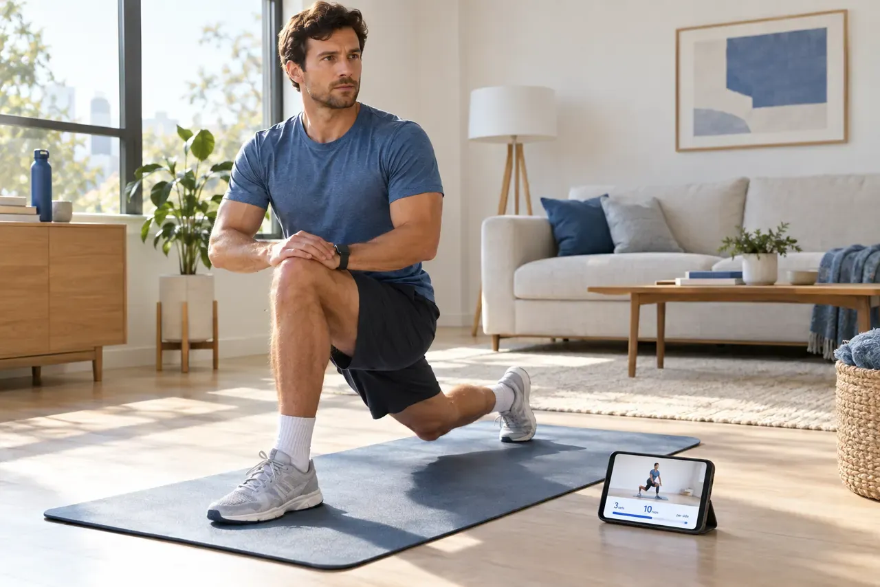 A client does a lunge at home following a workout video on his phone