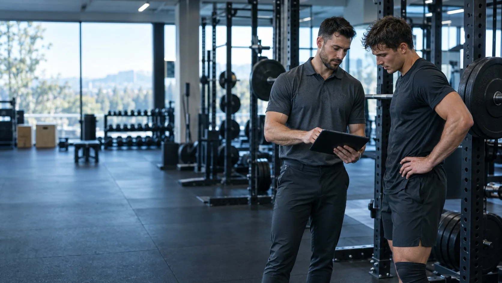 A strength coach reviews training data on a tablet with an athlete between sets