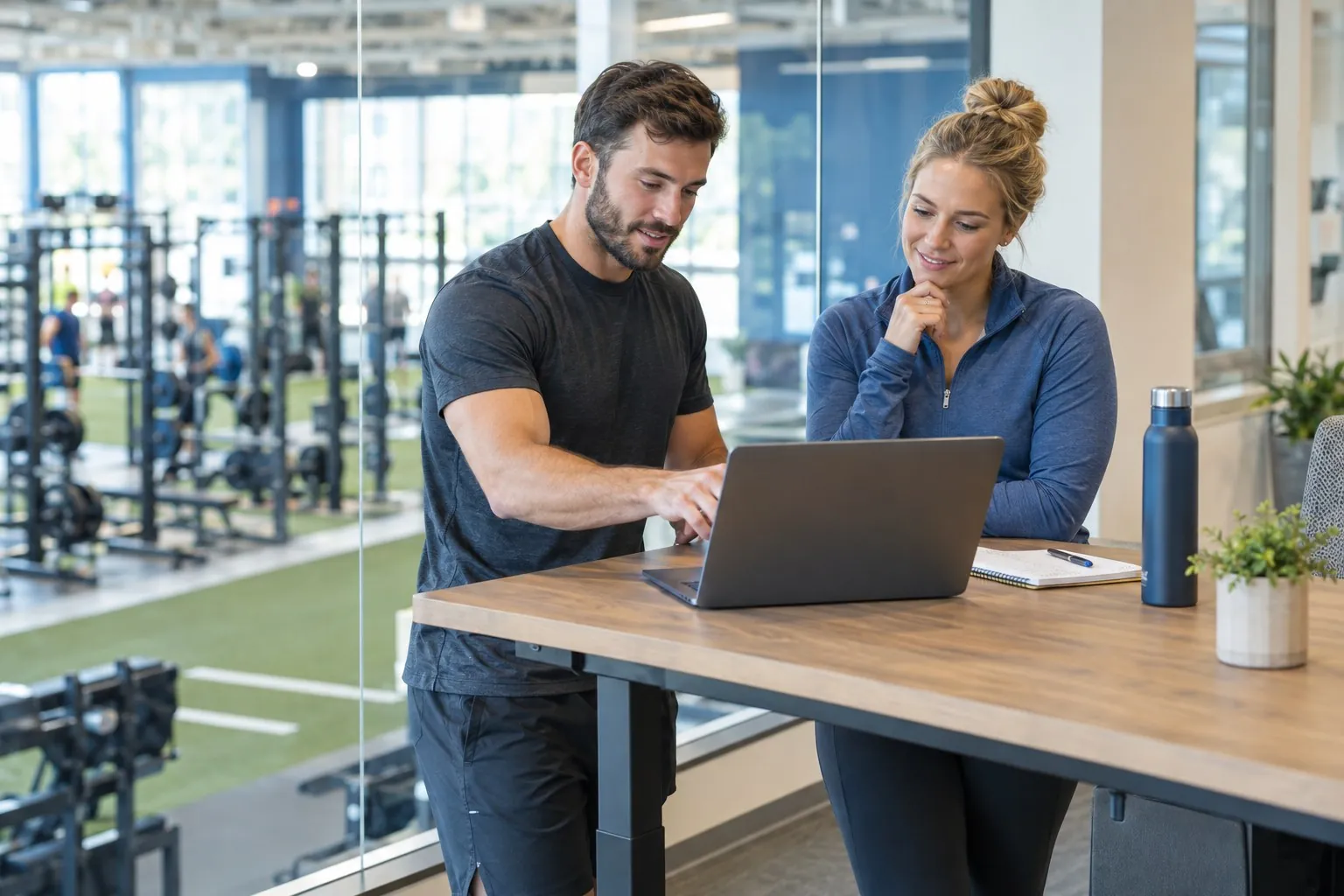 A strength coach and a facility manager review training programs on a laptop in a gym office