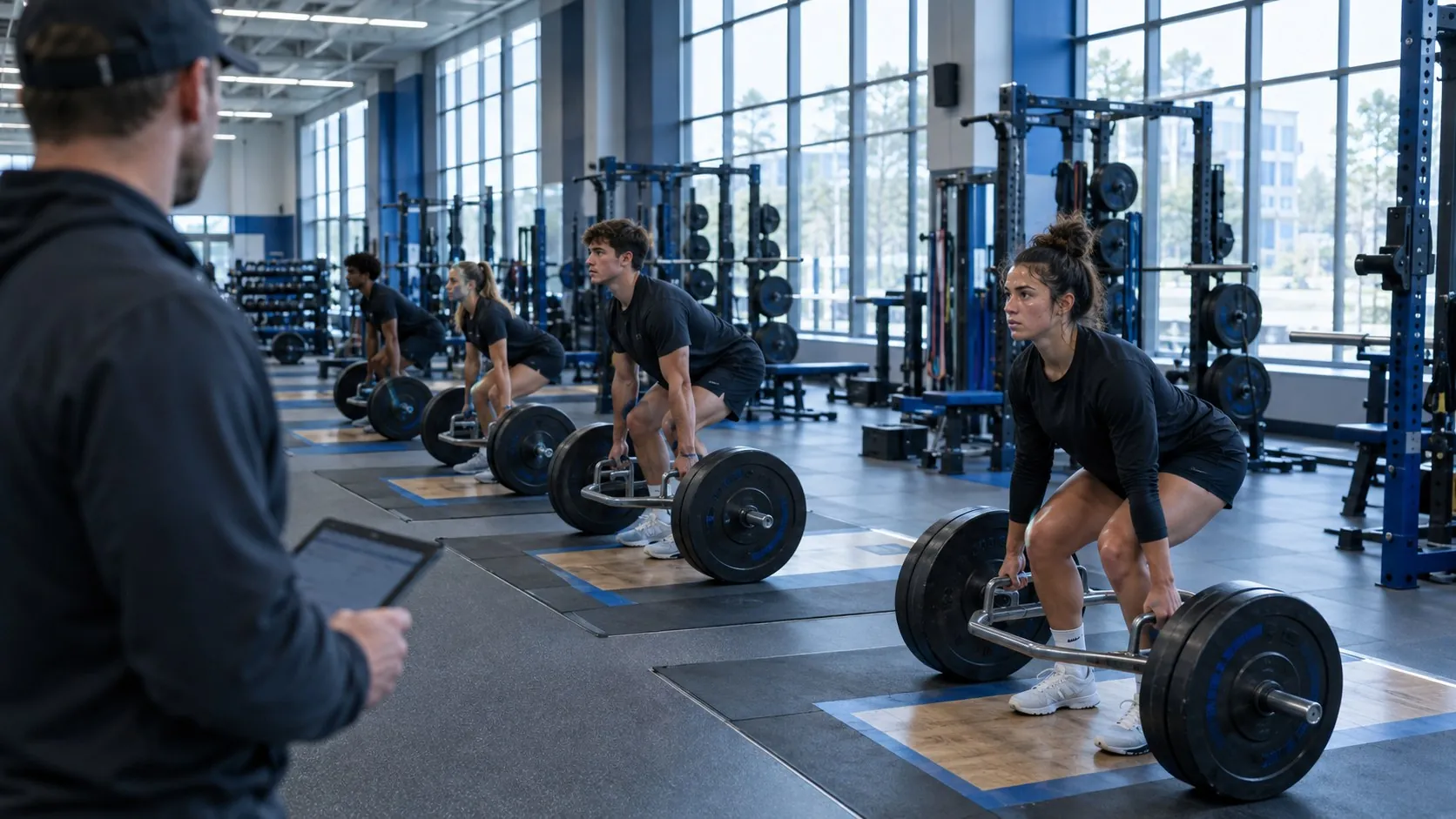 A strength coach tracks a group of athletes lifting on a modern training floor