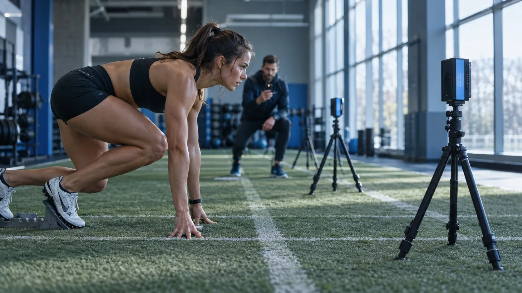 A sports performance coach records sprint testing data on a tablet as athletes run on an indoor turf track
