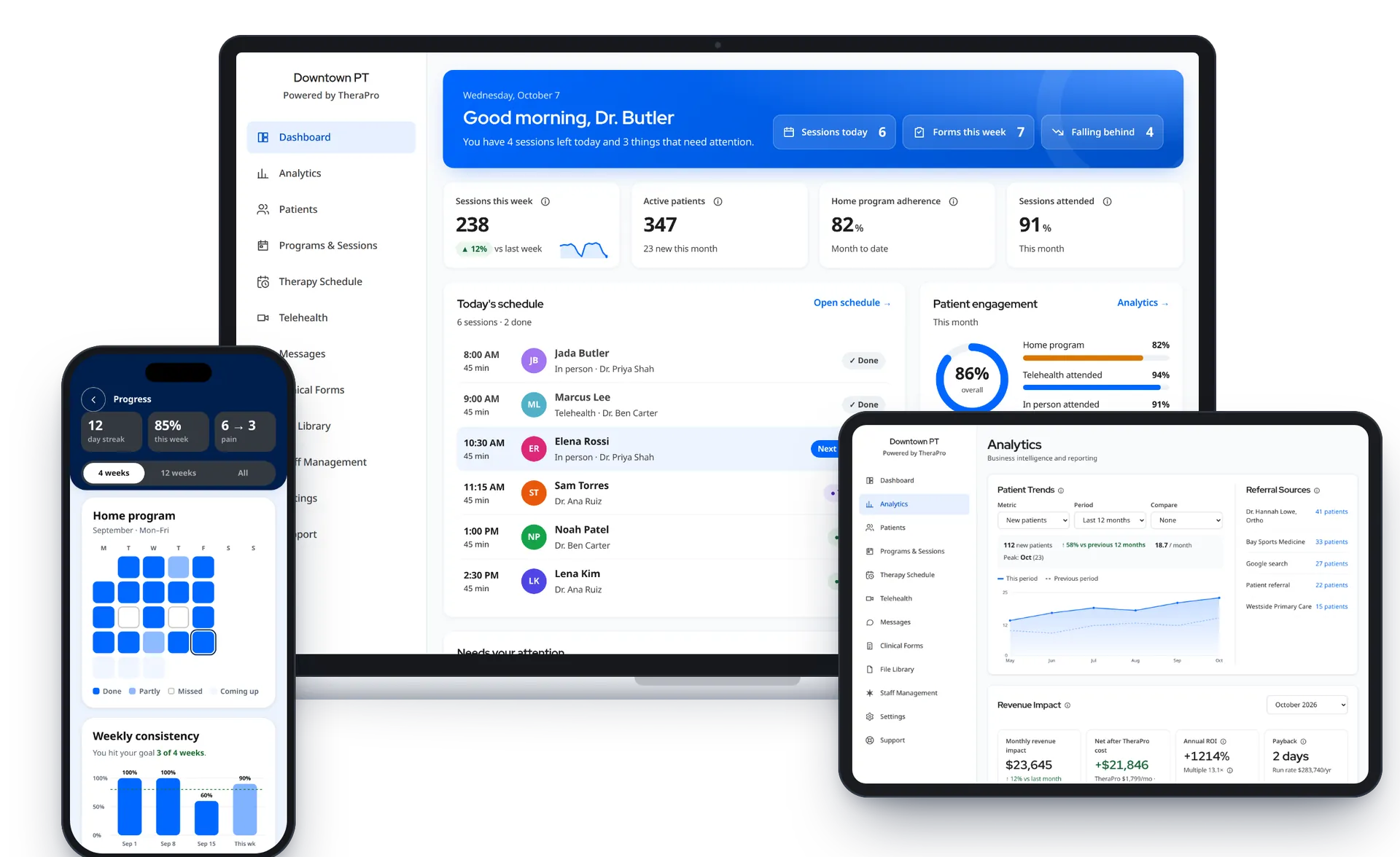 TheraPro Clinical dashboard with today's schedule, analytics with patient trends and revenue impact, and the patient app's Progress screen on laptop, tablet and phone