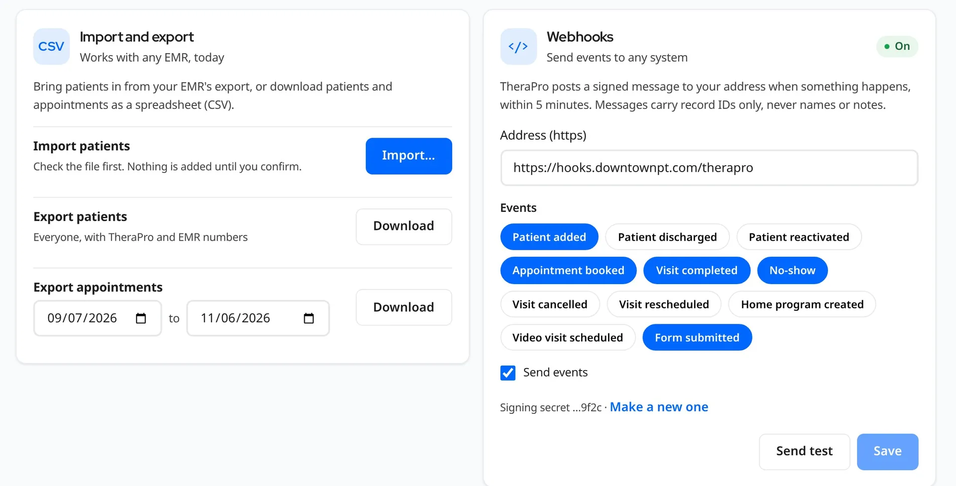 TheraPro import and export settings with signed webhooks